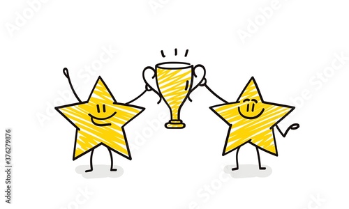 Doodle stick figures: Funny stars holding gold cup.