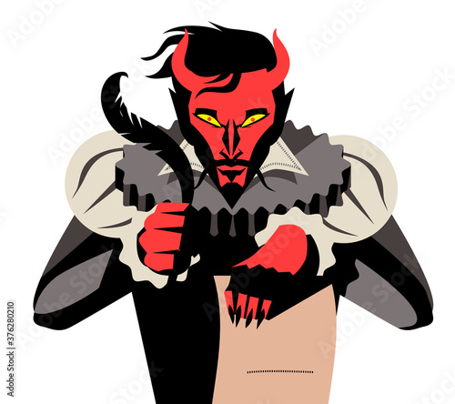 devil offering a pact with a pen feather