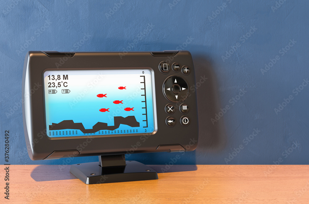 Fish finder on the wooden table. 3D rendering Stock Illustration