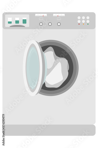 Facade of an automatic washing machine with open sunroof and dirty laundry inside. Isolated on a white. Vector image for design on the theme of homework.