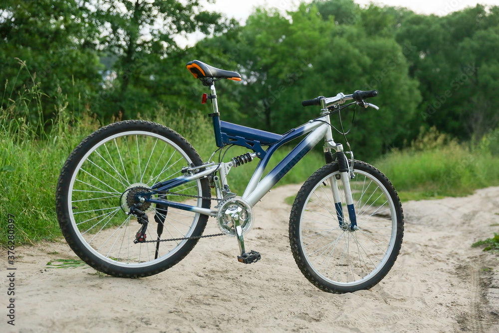 blue mountain bike on sandy road on forest background