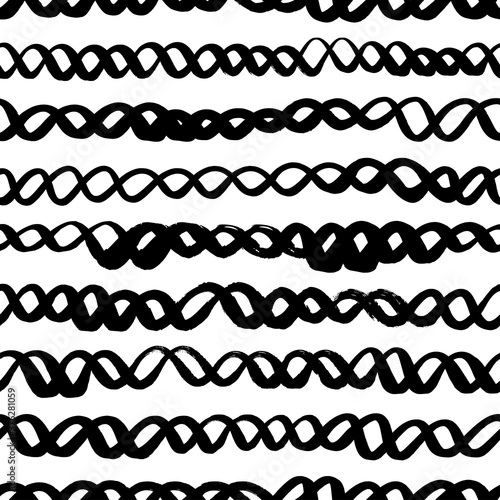 Wavy grunge lines vector seamless pattern. Horizontal brush strokes, swirls, curly lines. Black paint hand drawn background. Geometric ornament for wrapping paper. Dry brushstrokes pattern.