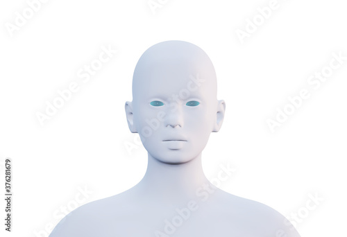 3d render of minimal female head, frontal view, isolated on white