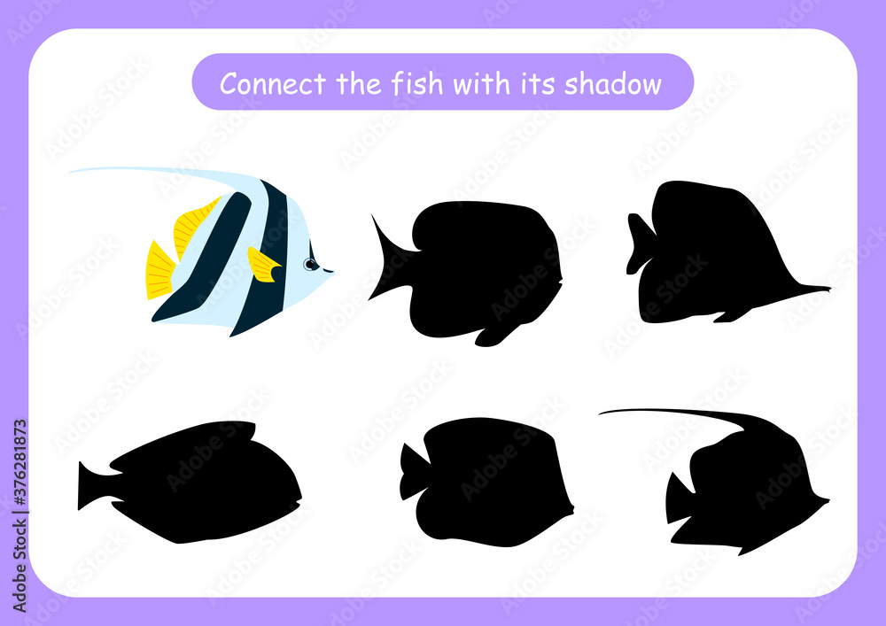 Worksheet connect the fish with its shadow. Educational game for children. Trains attention and concentration.