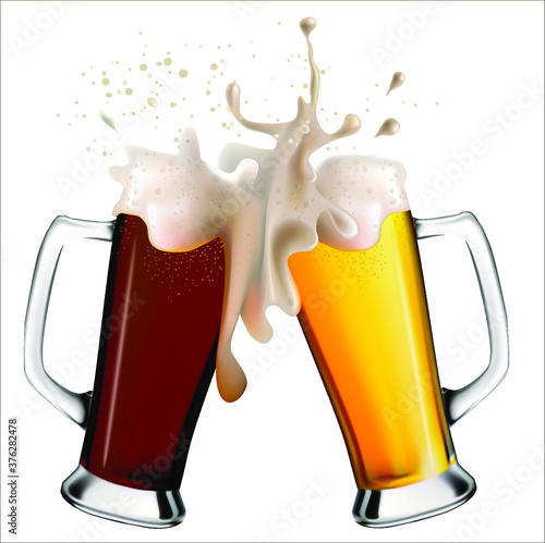 Realistic image of glass mugs with light and dark beer. Colliding glasses of spilling beer.
 Oktoberfest holiday.
