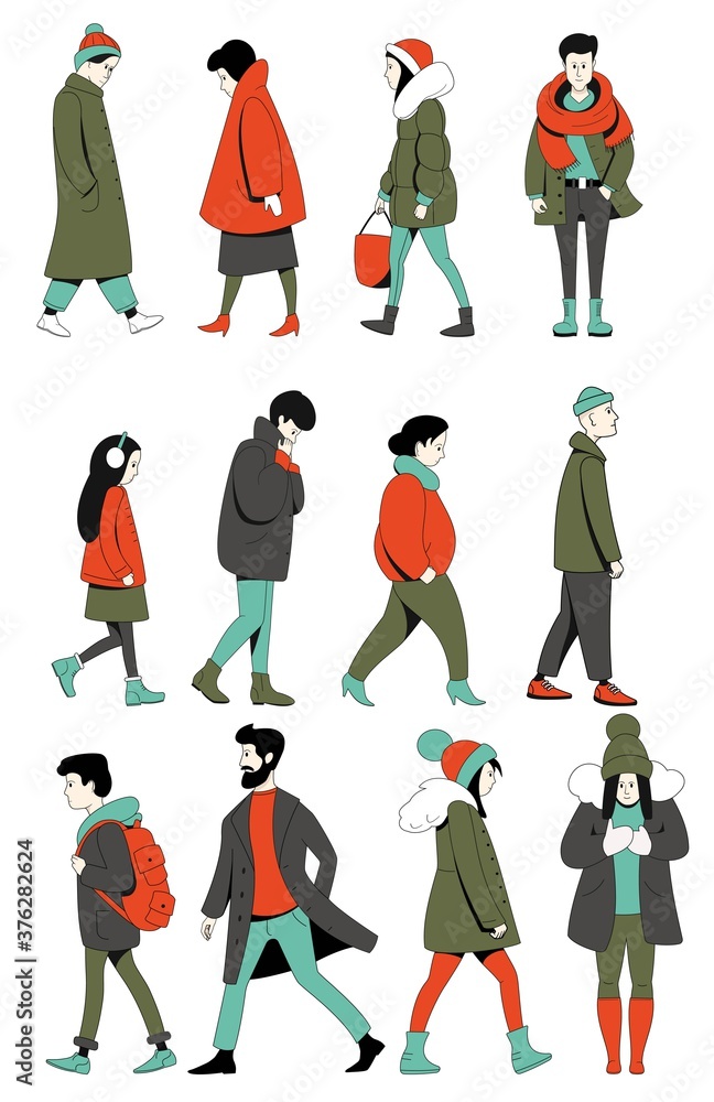 Set of different people, men and women, walking in winter clothes. Vector illustration.