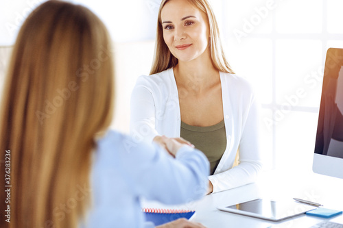 Business woman portrait while shaking hands with her female colleague or clientn in sunny office. Casual clothes style of business people. Audit, tax or lawyer concept