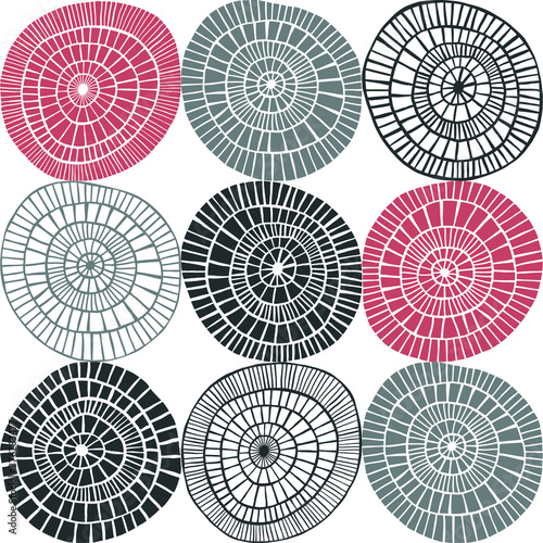 Vector seamless pattern with black and red circles on white background. Simple funny doodles.