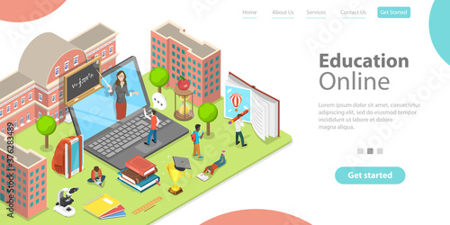 3D Isometric Flat Vector Landing Page Template of Distant School Education, Online Classes and E-learning.