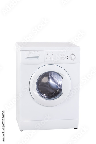 White Front Load Washing Machine Isolated on White Background. Household and Domestic Appliance