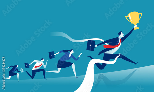Finish line. Businessman and winner tearing the finishing line. Business vector illustration.