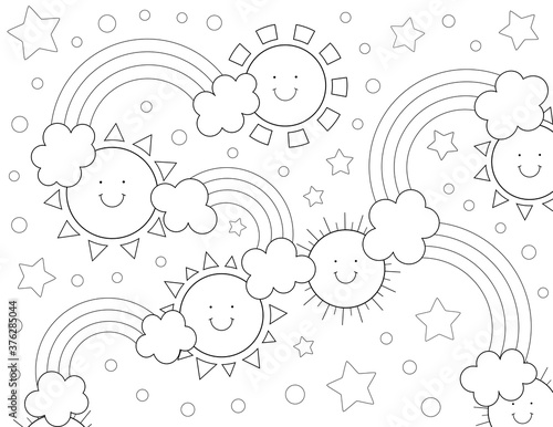 rainbows, clouds and sun coloring page for kids photo