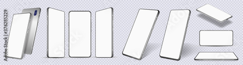 Mockup mobile phones at different angles. Smartphones isolated on white background with blank screen display. Template cellphone for show UI, UX, APP. Presentation smartphones mockup. Vector set
