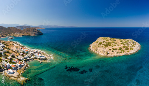 Aerial view of the picturesque village of Mochlos and ancient Minoan ruins on an island (Mochlos, Crete, Greece)