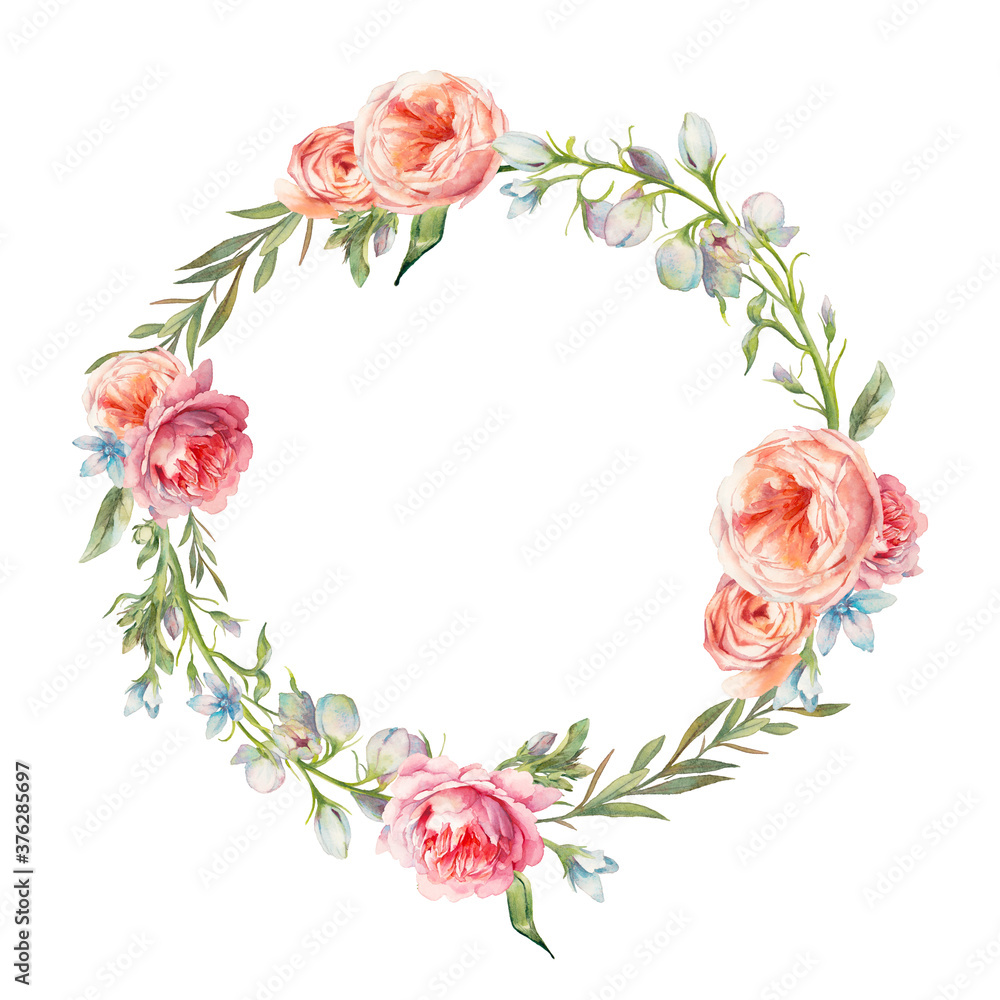 Watercolor garden flowers wreath. Round arrangement isolated on white background