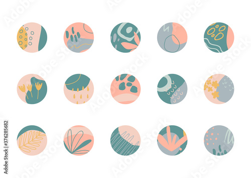 Highlight covers set. Organic shapes design elements for social media story. Unique hand drawn round templates. Fashion cover in pastel colors for bloggers. Vector illustration