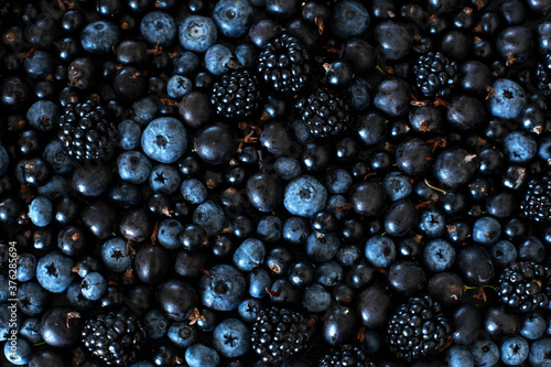 Mix set layout of different types of black berries on a black table. Stylish seasonal vitamins © Kate
