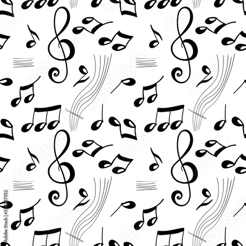 Vector illustration background of simple hand drawn music note design element in doodle style isolated on white background. Seamless pattern.