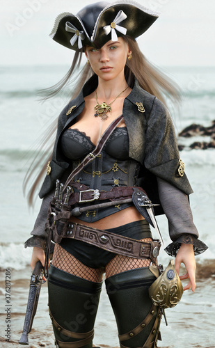 Portrait of a sexy pirate female coming ashore in search of adventure armed with a flintlock pistol and a cutlass. 3d rendering photo
