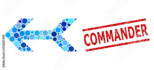 Round dot mosaic arrow left and COMMANDER textured stamp. Stamp seal includes COMMANDER caption between parallel lines. Vector mosaic is based on arrow left symbol,