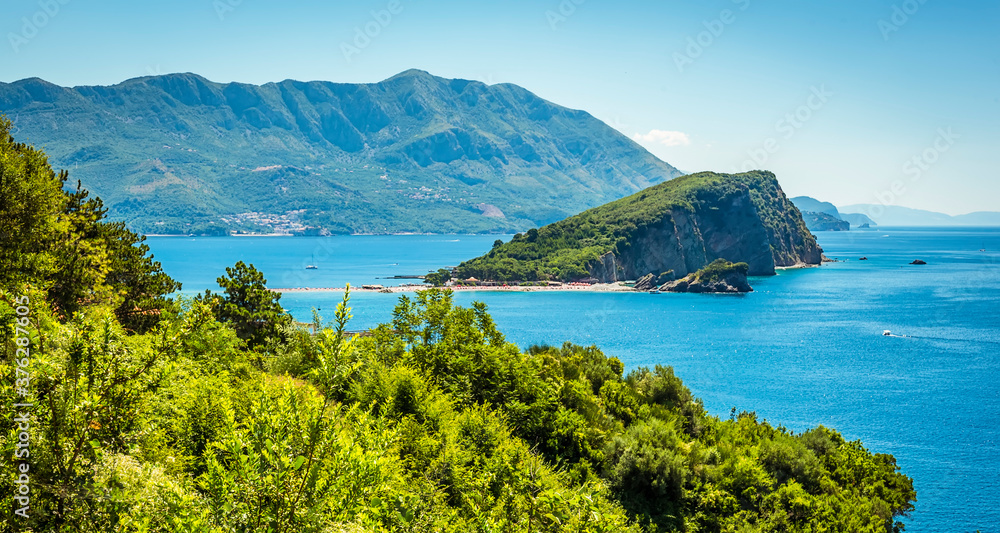 The Island of St. Nicholas in the bay of Budva viewed from the northern headland