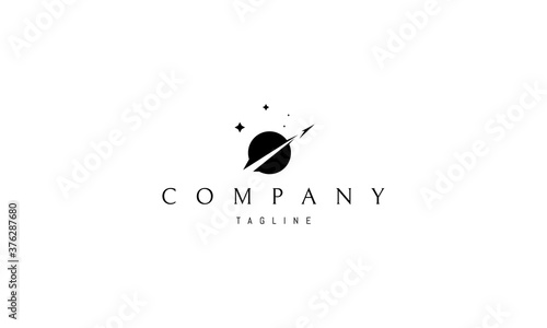 Vector logo on which an abstract image of a flying rocket on the background of the planet.