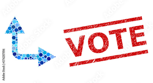 Circle mosaic bifurcation arrow right up and VOTE rubber stamp imitation. Stamp seal includes VOTE title between parallel lines. Vector mosaic is based on bifurcation arrow right up icon,