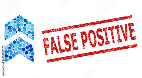 Round dot combination shift up and FALSE POSITIVE textured stamp seal. Stamp includes FALSE POSITIVE title between parallel lines. Vector mosaic is based on shift up icon,