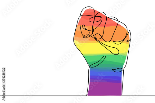Continuous line drawing of rainbow colored strong fist raised up. Human arm in LGBT flag colors with clenched fingers, one line drawing vector illustration. Concept of gay pride, lgbt, love