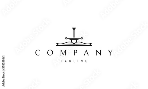 Vector logo on which an abstract image of an open book and a sword.