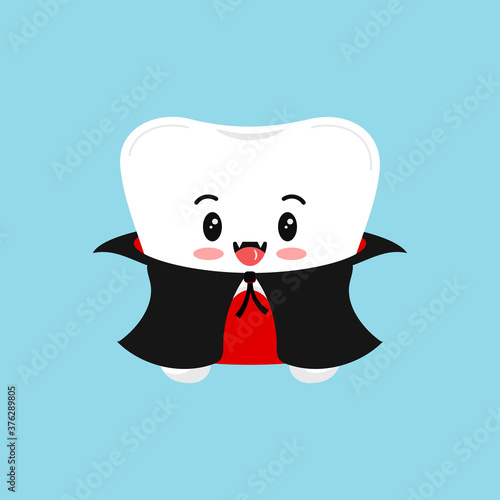 Cute tooth in dracula vampire costume isolated vector icon. White tooth in Halloween carnival costume- dental character for dentist halloween card. Flat design cartoon style dental illustration.