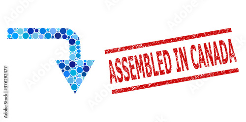 Circle composition turn down and ASSEMBLED IN CANADA scratched stamp seal. Stamp includes ASSEMBLED IN CANADA text between parallel lines. Vector mosaic is based on turn down symbol,