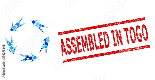 Round dot mosaic rotation and ASSEMBLED IN TOGO textured watermark. Seal includes ASSEMBLED IN TOGO caption between parallel lines. Vector mosaic is based on rotation symbol,