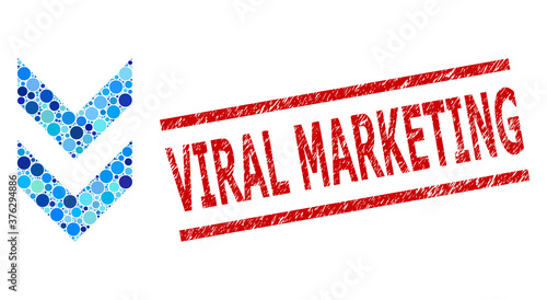 Round dot combination shift down and VIRAL MARKETING scratched stamp seal. Stamp seal includes VIRAL MARKETING text between parallel lines. Vector collage is based on shift down icon,