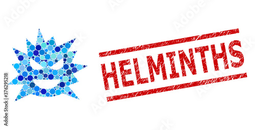 Round dot collage virus cell and HELMINTHS unclean stamp. Stamp includes HELMINTHS tag between parallel lines. Vector collage is based on virus cell icon,