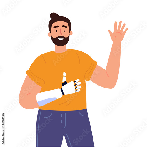 Disabled man presents a prosthesis.Young man with artificial limb isolated cartoon character on white background.Advertising concept.Vector flat style cartoon illustration.