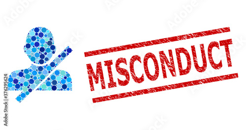 Round dot mosaic restricted user and MISCONDUCT scratched stamp seal. Stamp seal includes MISCONDUCT tag between parallel lines. Vector collage is based on restricted user symbol,