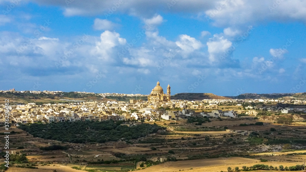 Aerial view on a cloudy day- Rotunda St John The Baptist Church - Xewkija, Gozo, Maltese Islands