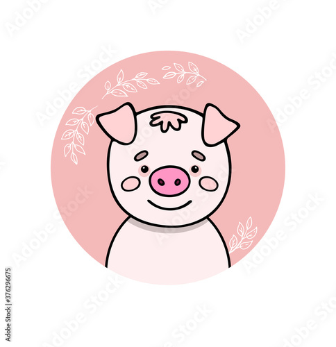 Pig, piggy. Cute funny hand drawn animal sticker or label. Cartoon doodle sketch style. Vector illustration for print: card, banner, poster, baby cloth, sticker, interior elements for nursery.