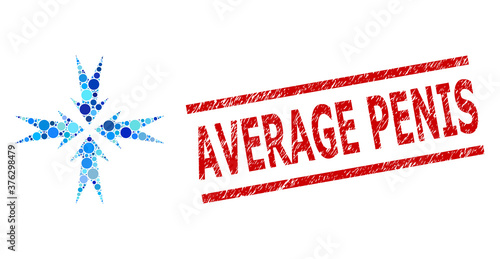 Circle collage compression arrows and AVERAGE PENIS grunge stamp seal. Stamp seal includes AVERAGE PENIS tag between parallel lines. Vector collage is based on compression arrows symbol,