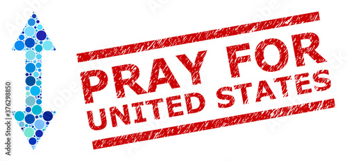 Round dot composition vertical flip and PRAY FOR UNITED STATES textured stamp seal. Stamp seal includes PRAY FOR UNITED STATES text between parallel lines.