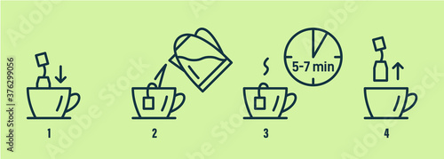 Tea or coffee brewing instruction. Tea, coffee making, brew process icons.