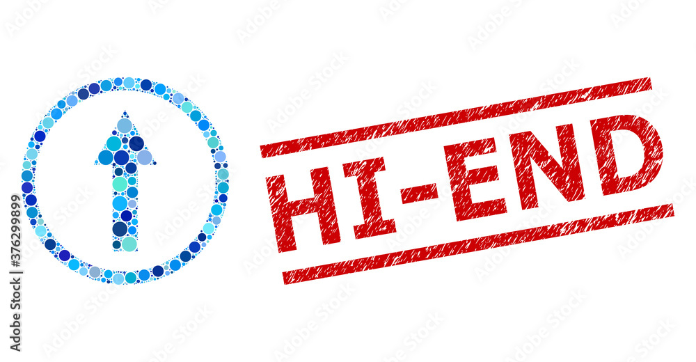 Rounded dot mosaic up rounded arrow and HIEND scratched stamp
