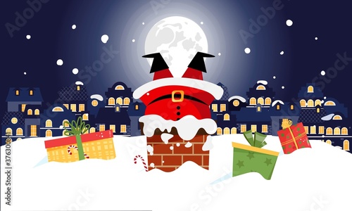 Christmas card design with santa claus stuck in chimney on snow house roof, night cityscape and presents. Vector illustration