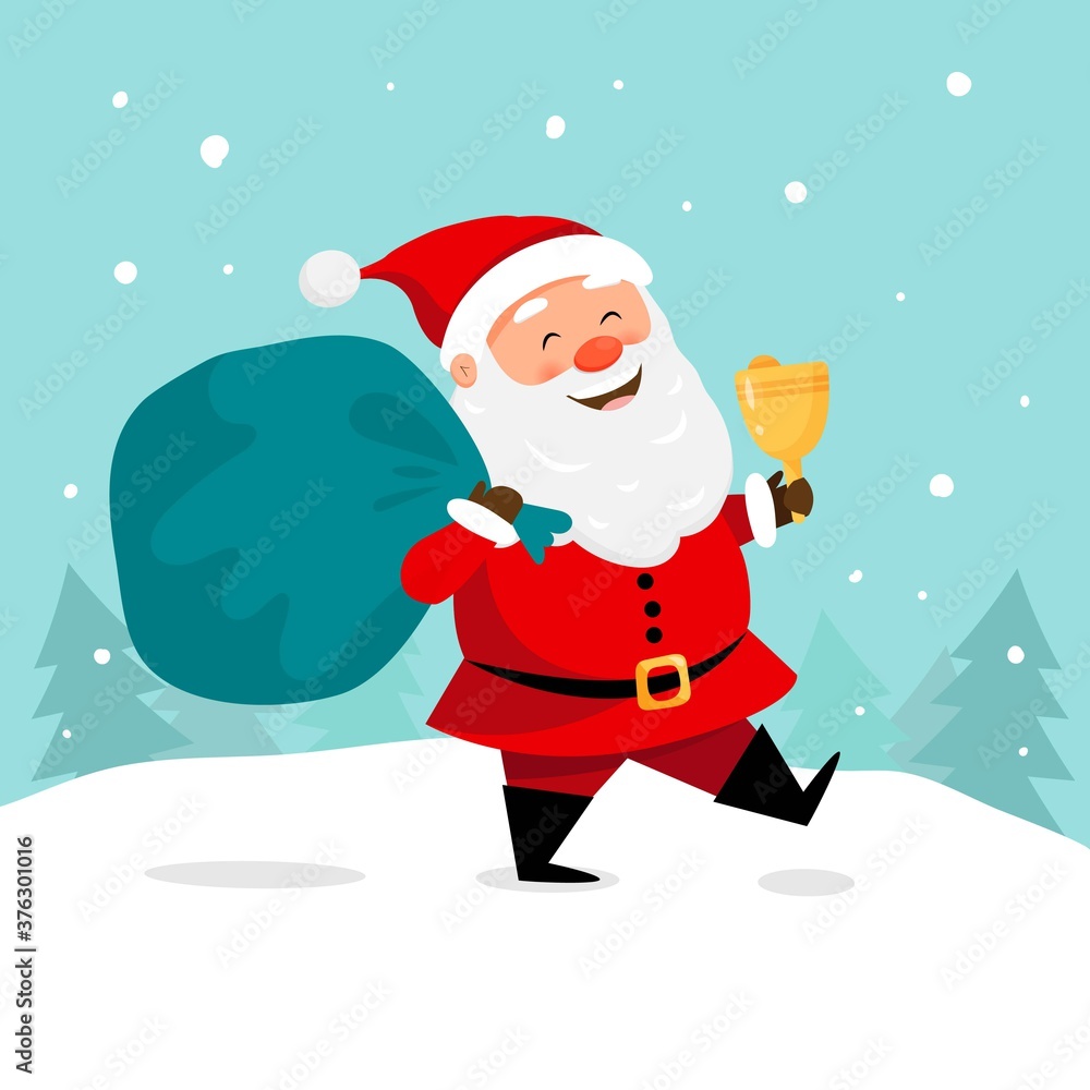 Snow scene with santa claus carrying bag and jingle bell on forest background. Vector illustration for christmas greeting cards design Snow scene with santa claus carrying bag and jingle bell on forest background. Vector illustration for christmas greeting cards design