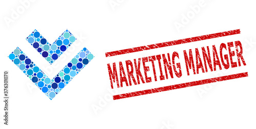 Round dot collage shift down and MARKETING MANAGER grunge stamp print. Stamp seal includes MARKETING MANAGER caption between parallel lines. Vector collage is based on shift down symbol,