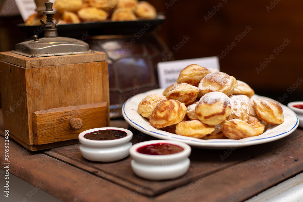 A plate of pancakes with jams. Delicious dessert A plate of pancakes with jams. Delicious dessert