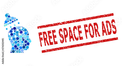 Circle mosaic brain washing and FREE SPACE FOR ADS textured stamp seal. Stamp includes FREE SPACE FOR ADS text between parallel lines. Vector mosaic is based on brain washing icon,