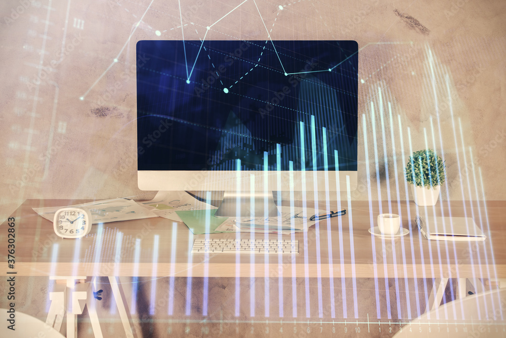 Multi exposure of financial graph drawing and office interior background. Concept of market analysis. Multi exposure of financial graph drawing and office interior background. Concept of market analysis.
