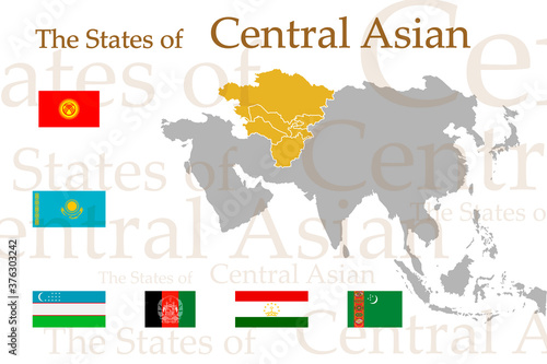 A set of icons for flags of Central Asian countries. Vector image of flags and geographical map of Asia on a white background. You can use it to create a website, print brochures, booklets, leaflets.